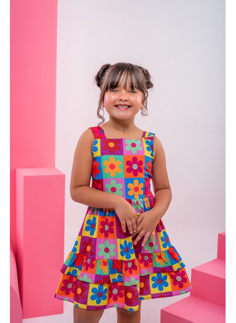 Vestido Infantil Menina Estampa Floral com Babados Bonekinhas