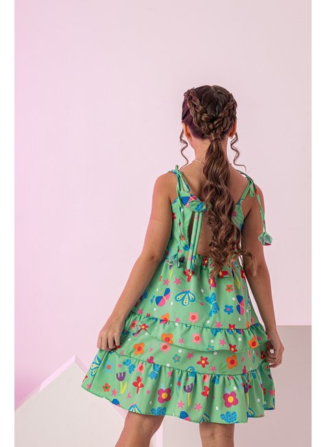 Vestido Infantil Menina Babados Estampado Jardim Verde