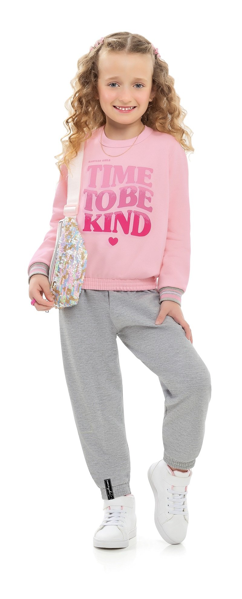 Conjunto Infantil Menina Moletom Penteado Casaco e Calça Rosa Mescla KML