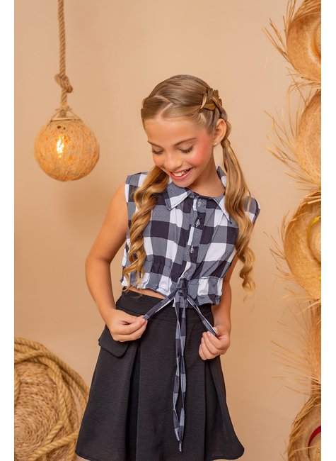 Conjunto Infantil Menina Blusa Xadrez Preto e Saia Marias