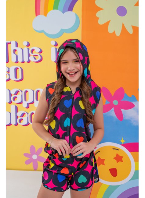 Conjunto Infantil Menina Blusa Regata Bomber e Shorts Corações Preto  Dimocinha
