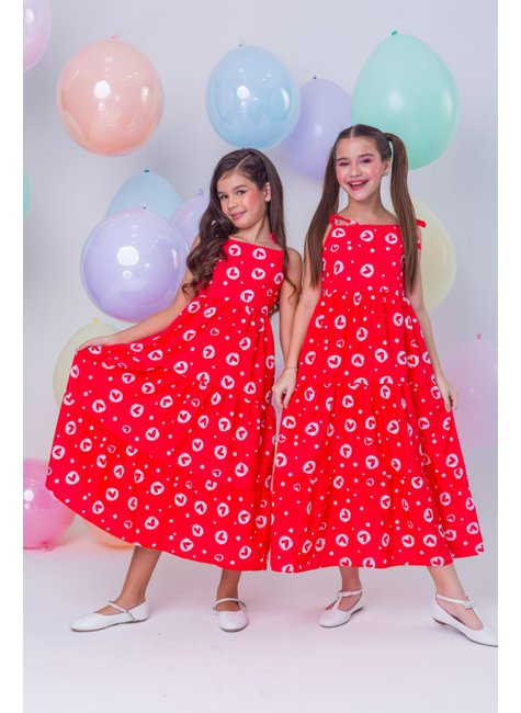 Vestido Infantil Menina Longo Corações Vermelho Dimocinha