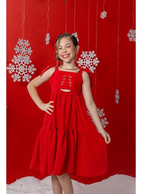 Vestido Infantil Menina Bordado Vermelho Festas Marias