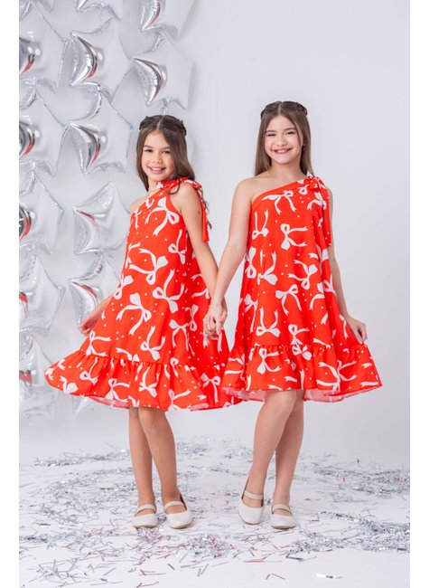 Vestido Infantil Menina Ombro Único Laços Vermelho Dimocinha