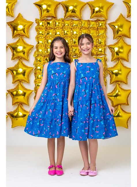 Vestido Infantil Menina Stitch Midi Azul Dimocinha